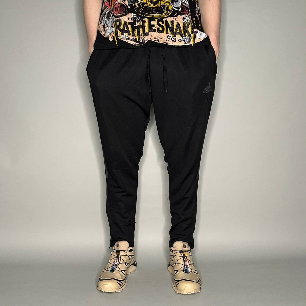 Adidas Sweatpants Black Polyester Joggers Grey 3 Stripes Ankle Zippers to Flare - Picture 2 of 5